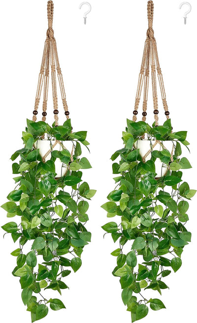 2 Packs Fake Hanging Plant with Pot, Artificial Plants for Home Decor Indoor Macrame Plant Hanger with Faux Vine Hanging Planter Greenery for Bedroom Bathroom Office Decor, Brown (Pothos)