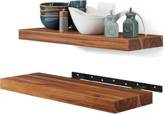  Wood Floating Shelves Wall Mounted – Set of 2 17" Rustic Farmhouse Wooden Wall Storage Shelf for Bedroom, Kitchen, Home Décor - Brackets and Shelving Mounting Hardware Included