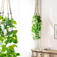 2 Packs Fake Hanging Plant with Pot, Artificial Plants for Home Decor Indoor Macrame Plant Hanger with Faux Vine Hanging Planter Greenery for Bedroom Bathroom Office Decor, Brown (Pothos)