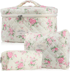 Cute Makeup Bag for Women(3 Pcs), Quilted Floral Coquette Aesthetic Make up Bags, Travel Cosmetic Bags Toiletry Organizer Bag