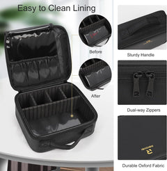 Relavel Travel Makeup Train Case Makeup Cosmetic Case Organizer Portable Artist Storage Bag with Adjustable Dividers for Cosmetics Makeup Brushes Toiletry Jewelry Digital Accessories Black