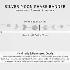 Moon Phase Wall Decor [Handmade Hammered Silver Metal 7 Moons 34" Banner] Phases of the Moon, Celestial Lunar Art, Bohemian Aesthetic, Decorative Vertical Silver Wall Art for Living Room Bedroom Gift