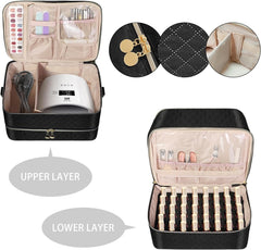 Double Layer Nail Polish Organizer Case, Nail Bag Holds Nail Lamp & 40 Bottles Nail, Hard Partition & Detachable Shoulder Strap, 3-In-1 Easy to Carry-Nail Polish Travel Case Black