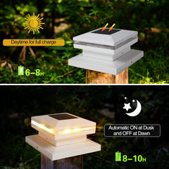 Dynaming 8 Pack Solar Post Lights, Outdoor Decorative Post Cap Light, Solar Powered White Shell Caps, Brightness Warm White LED Lighting for Fence Deck Patio, Fit 4x4, 5x5 or 6x6 Vinyl/wooden posts