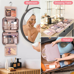 Travel Toiletry Bag for Women, Portable Makeup Cosmetic Bag with Hanging Hook, Travel Essentials 3 in 1 Packing Organizer Travel Bag for Accessories, Shampoo, Full-Size Container, Toiletries