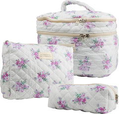 Cute Makeup Bag for Women(3 Pcs), Quilted Floral Coquette Aesthetic Make up Bags, Travel Cosmetic Bags Toiletry Organizer Bag