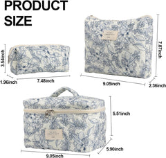 Cute Makeup Bag for Women(3 Pcs), Quilted Floral Coquette Aesthetic Make up Bags, Travel Cosmetic Bags Toiletry Organizer Bag