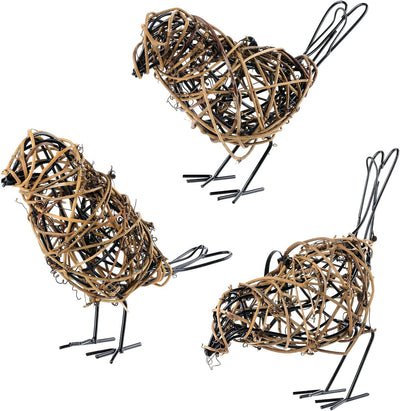 Set of 3 Handmade Bird Statue Home Decor,Metal Bird Figurine Rustic Table Decor, Hanging Metal Bird Decor Woven with Brown Natural Rattan for Home Decoration Memo Holder