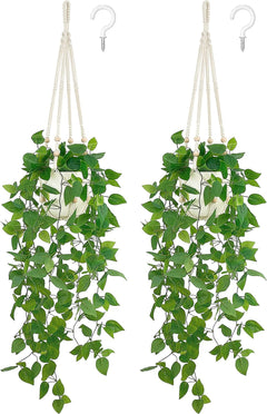 2 Packs Fake Hanging Plant with Pot, Artificial Plants for Home Decor Indoor Macrame Plant Hanger with Faux Vine Hanging Planter Greenery for Bedroom Bathroom Office Decor, Brown (Pothos)