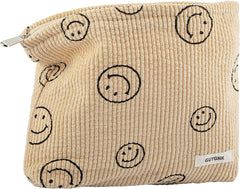 Makeup Bag for Women - Corduroy Cosmetic Bags Aesthetic Design Ladies Tote Bag,Women'S Pencil Case,Cute Smiley Face Makeup Organizer with Zipper (Beige)